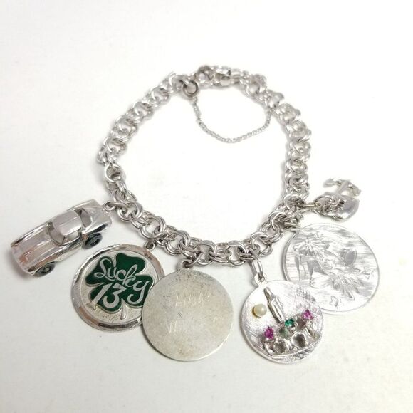 Vintage Sterling Silver Double Link Chain Charm Bracelet with 6 Charms, Estate - Picture 12 of 12